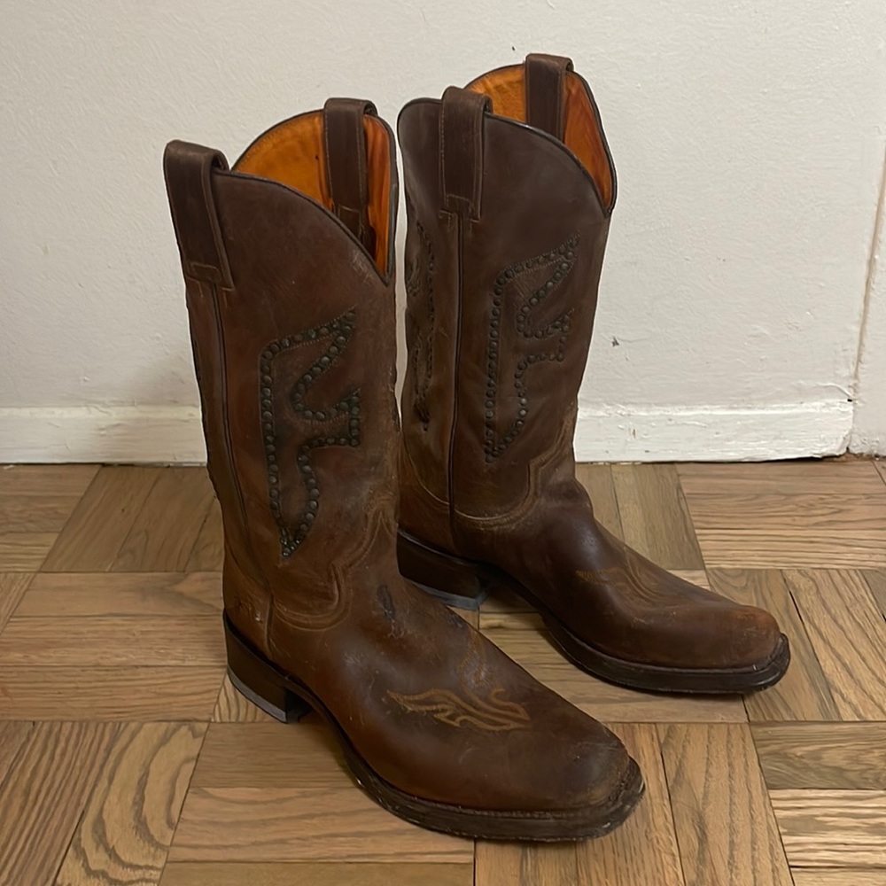 FRYE vintage brown biker boots with stud detail mens size11 soles need replacing